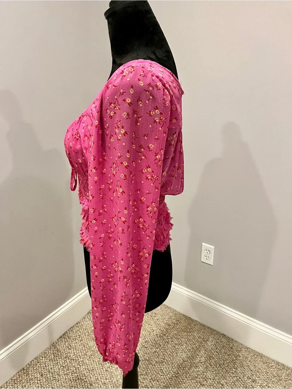 Free People Pink Floral Smocked Long-Sleeve Top- small